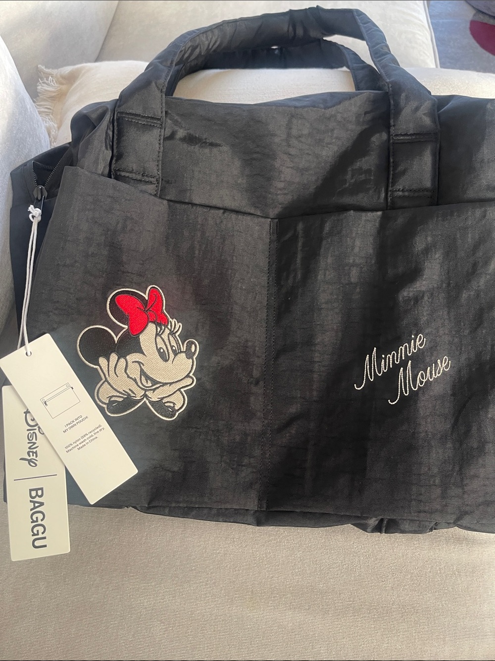BAGGU Black Minnie Mouse Tote with Red Bow